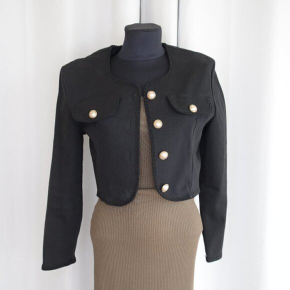 Vintage Black Cropped Pearl Button Blazer Sz M - Picture 5 of 8